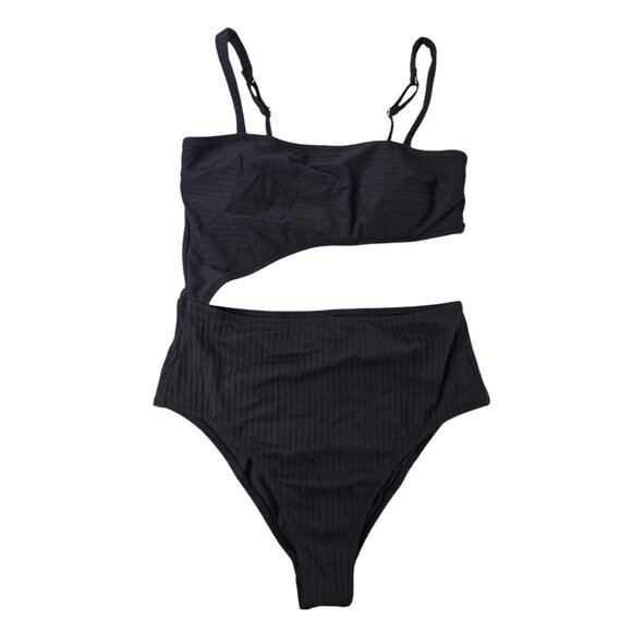 NWOT Shade & Shore Black Ribbed One-Piece Cut Out Swimsuit Size S - Picture 3 of 9